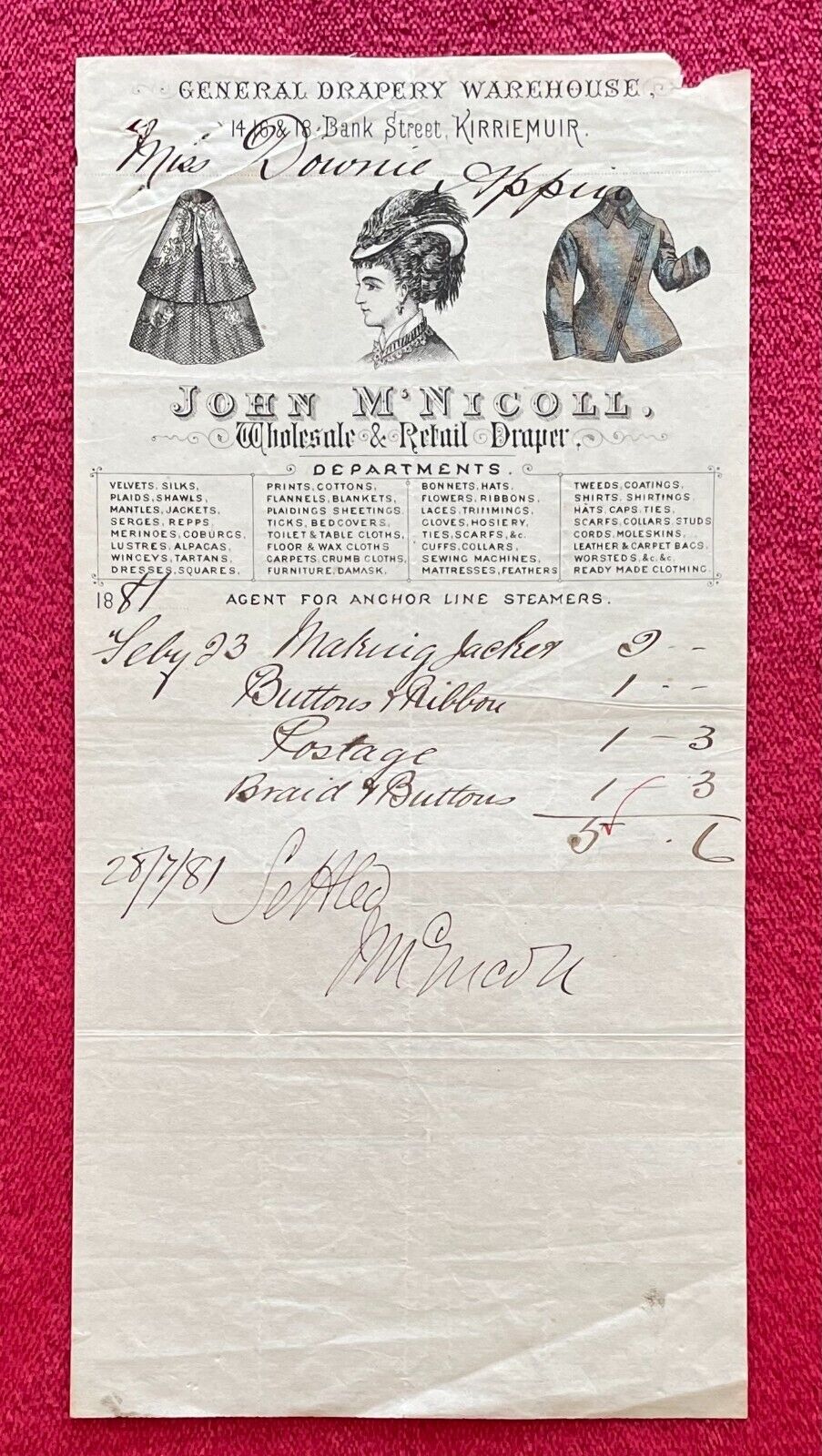 JOHN Mc NICOLL DRAPER 1881 BILLHEAD - KIRRIEMUIR, SCOTLAND - SOLD TO MISS DOWNIE