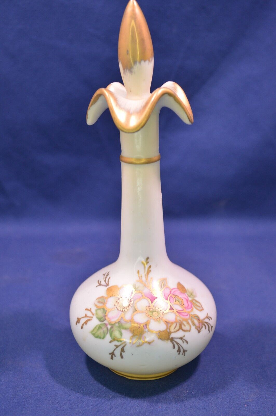 Vintage Perfume Stopper Bottle,Hand Painted Porcelain Royal Crown,Gold Floral