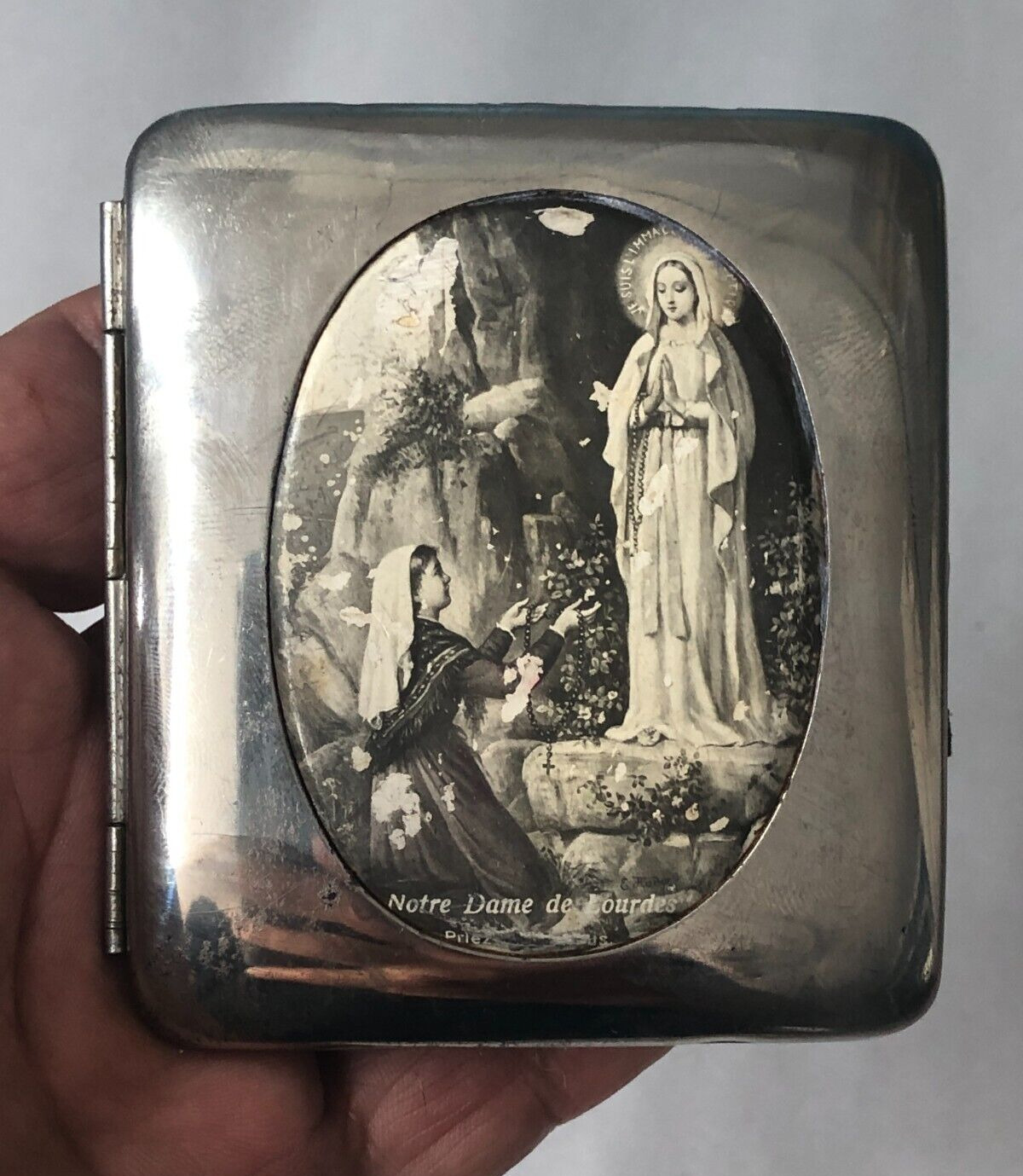 Antique Lourdes Chrome Hinged Cigarette Case Notre Dame de Lourdes Christian