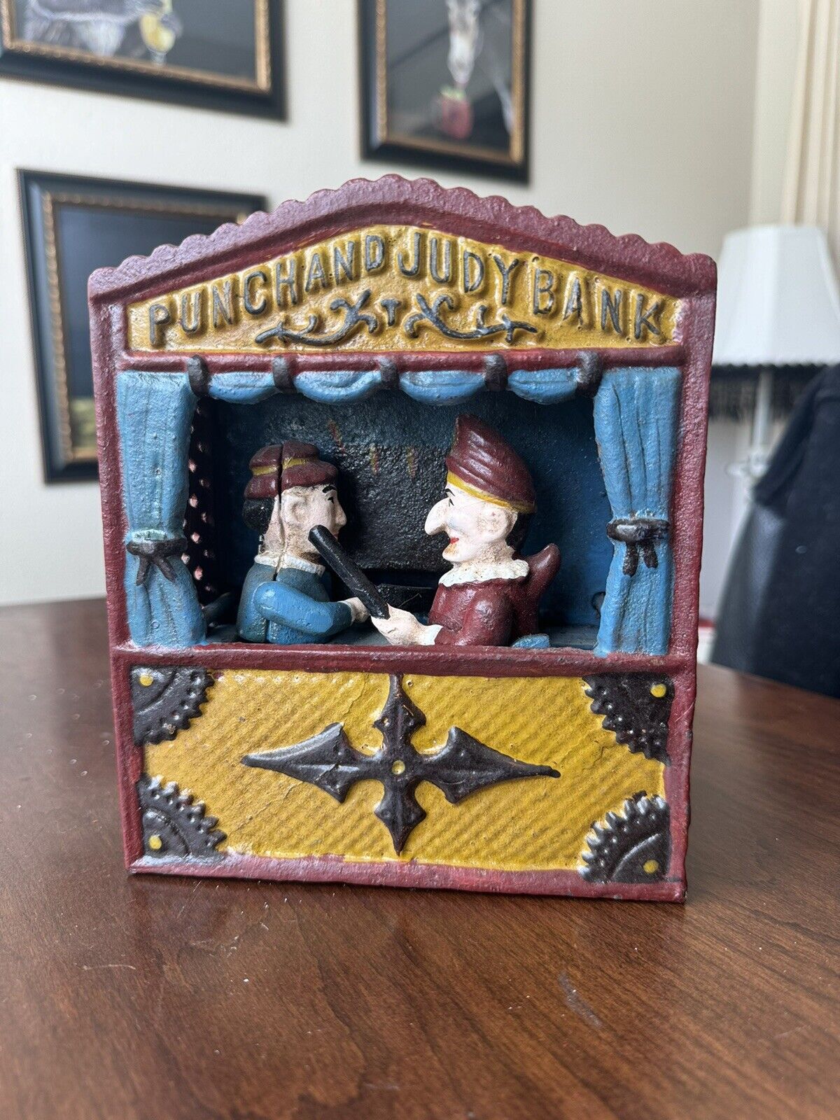 Vintage Punch & Judy Cast Iron Bank Book Of Knowledge Works Good Condition