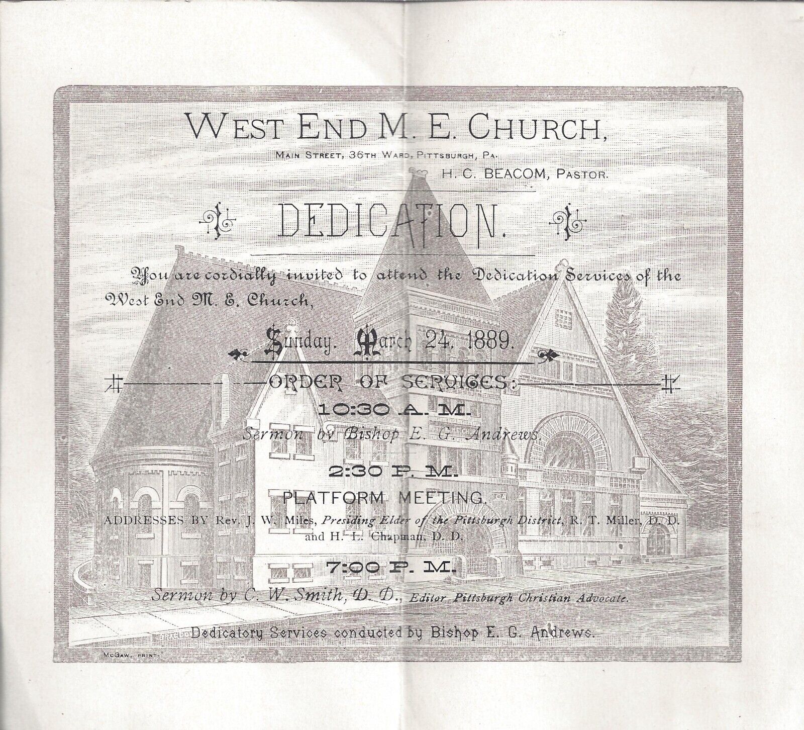 Vintage 1889 West End M. E. Church Dedication Invite Pittsburgh Pa. Pennsylvania