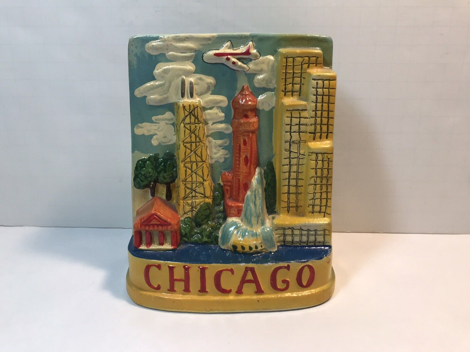 Vintage Chicago Skyline Souvenir Carnival Chalkware Bank MCM Hand Painted RARE