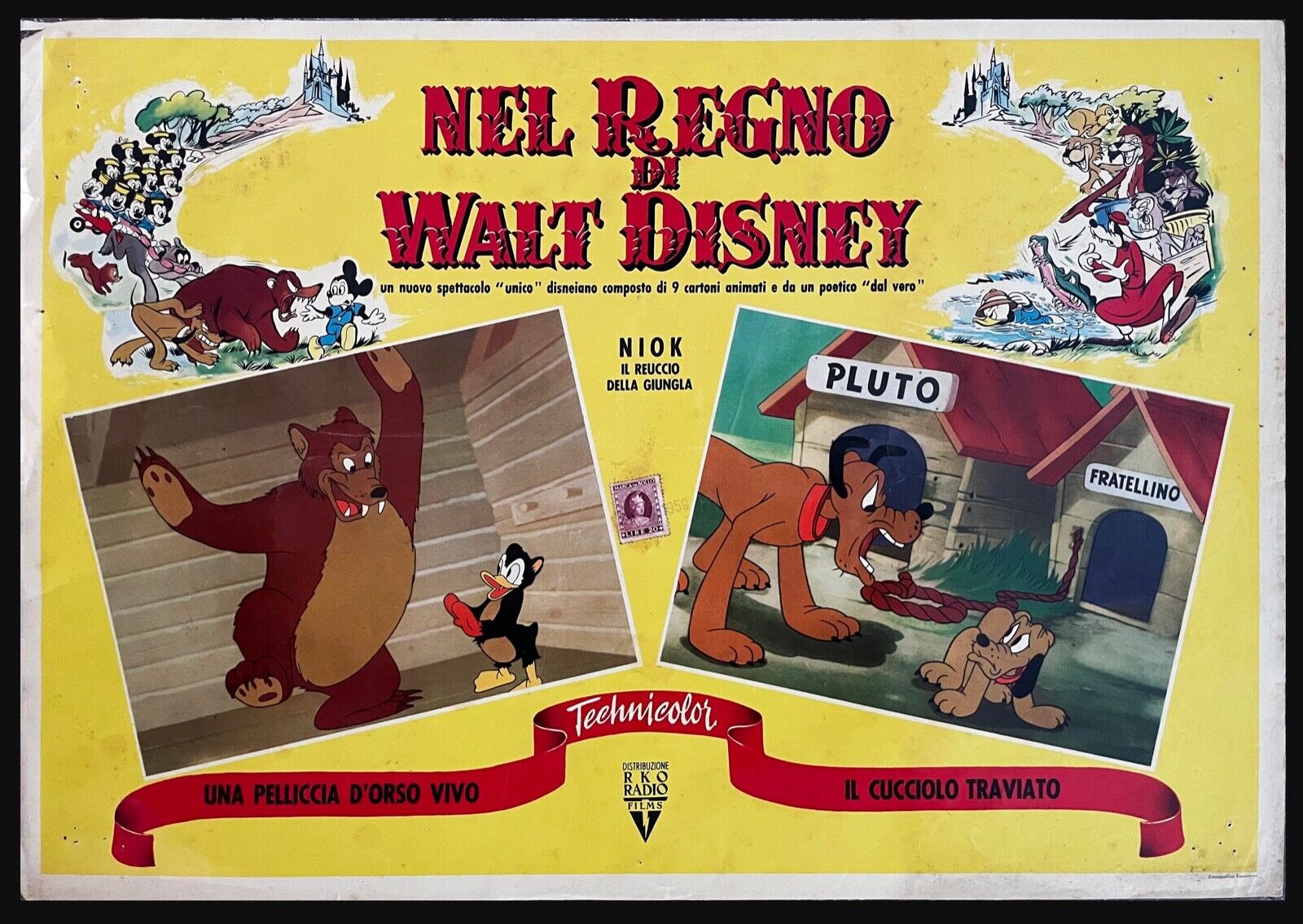 WALT DISNEY DONALD & PLUTO - Original  1940's RKO -  RARE Italian Theater Poster