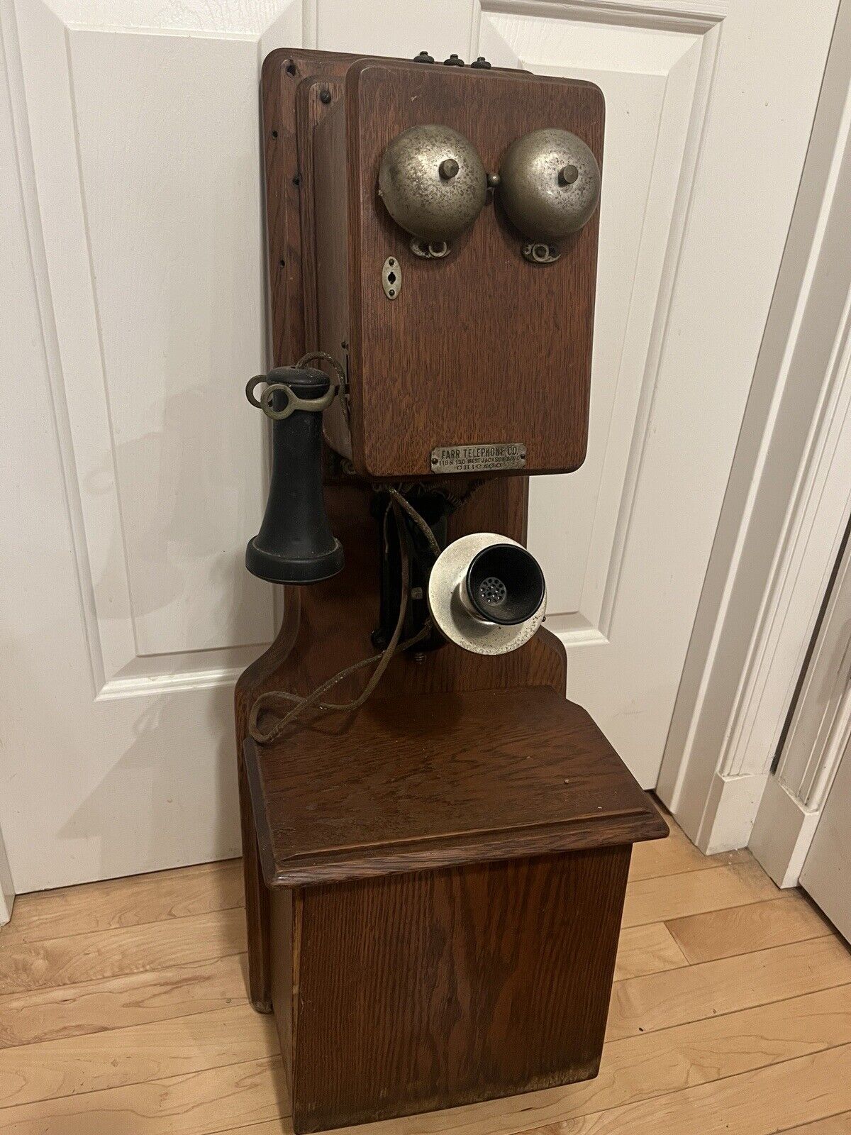 RARE Antique c1900 Farr Chicago Oak Crank Wood Wall Telephone Complete, NR