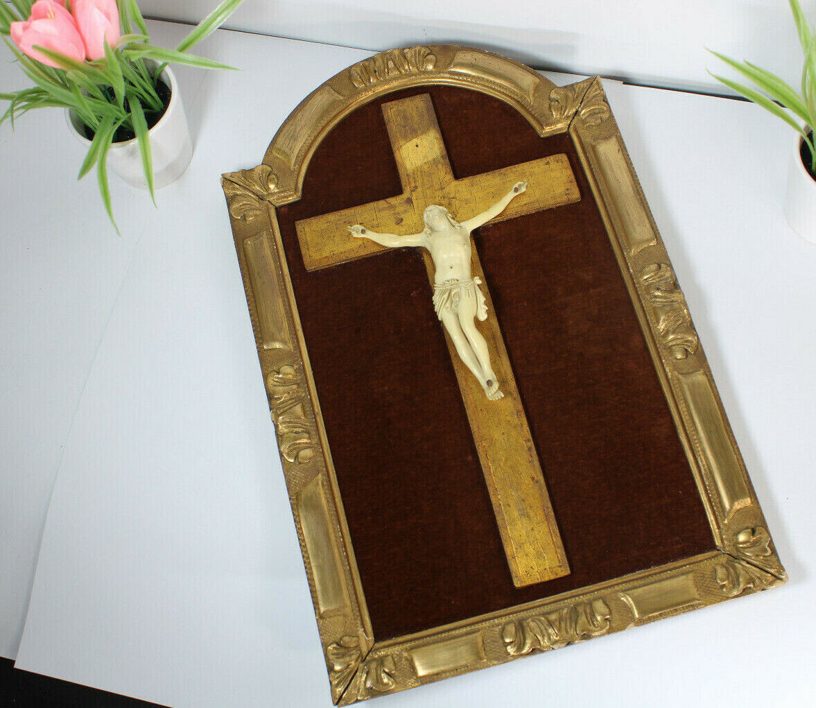 Vintage french wall plaque wood with crucifix christ 1960