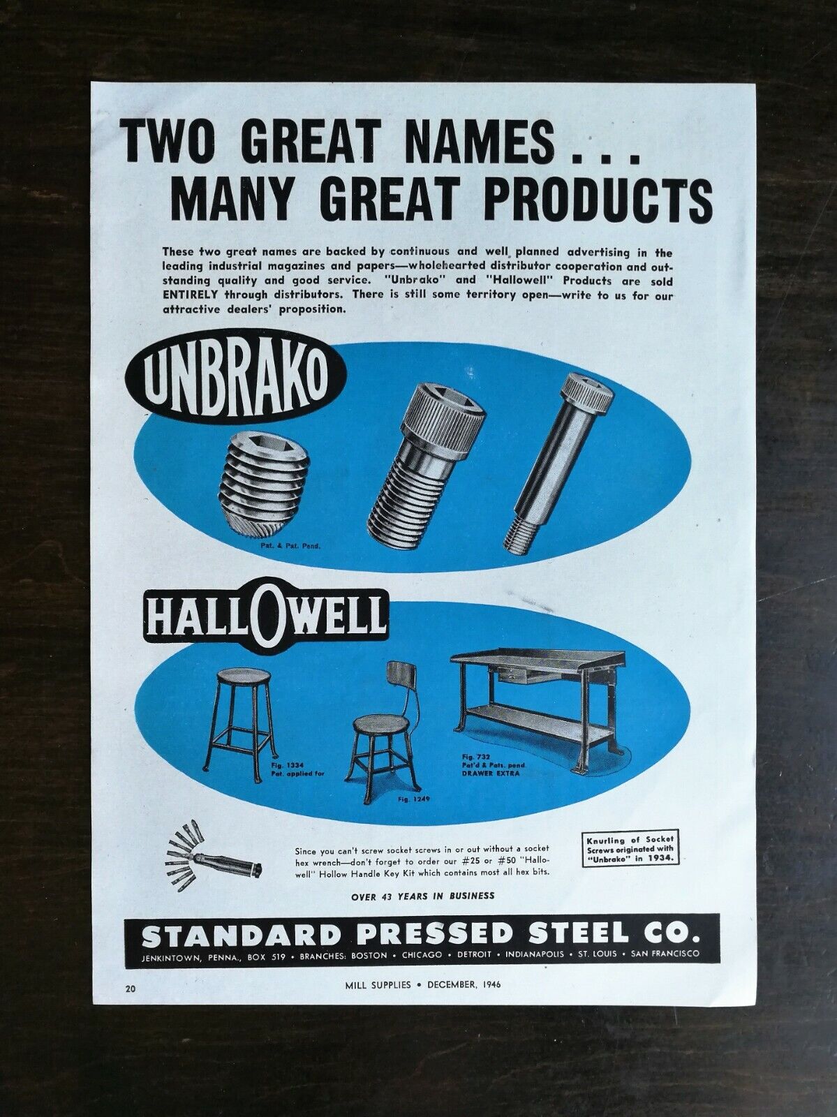 Vintage 1946 Standard Pressed Steel Co. Unbrako Hallowell Full Page Original Ad