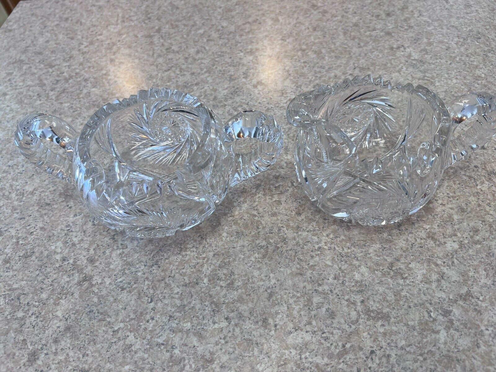Libbey American Brilliant Crystal Cut Glass Sugar Bowl Double Handle & Creamer