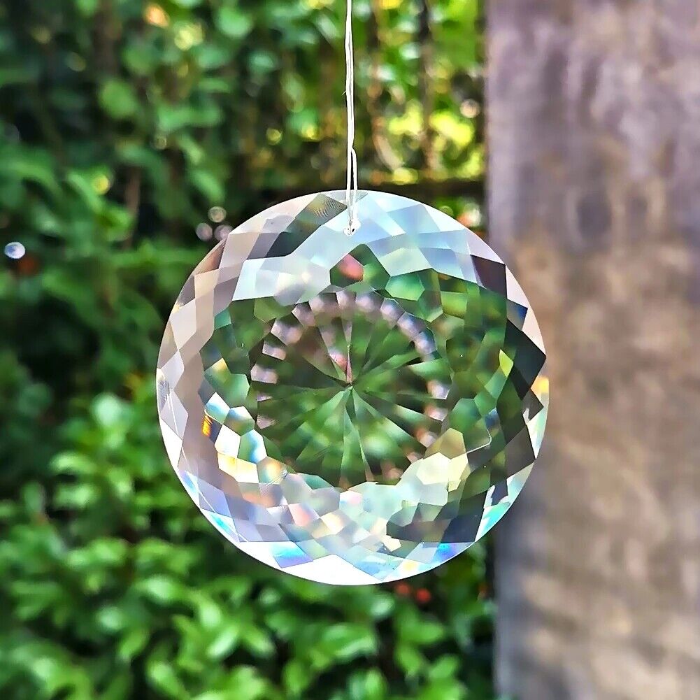 75MM Clear  Pattern Round Crystal Feng Shui Faceted Prismatic Suncatcher Hanging