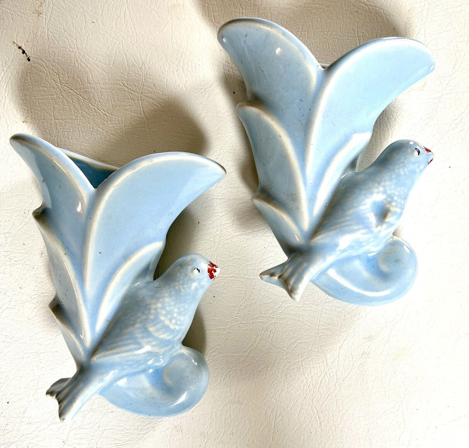 PAIR Vintage Blue McCoy Pottery Ceramic Cornucopia Bird Wall Pocket Vase Planter