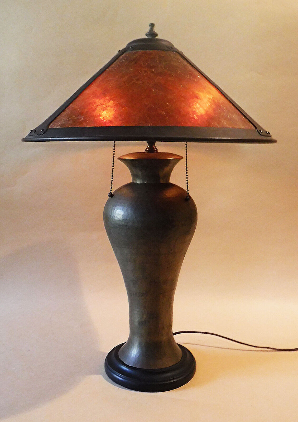Antique 1910 Stickley Van Erp Handel Era Hammered Copper Brass Mica Lamp & Shade