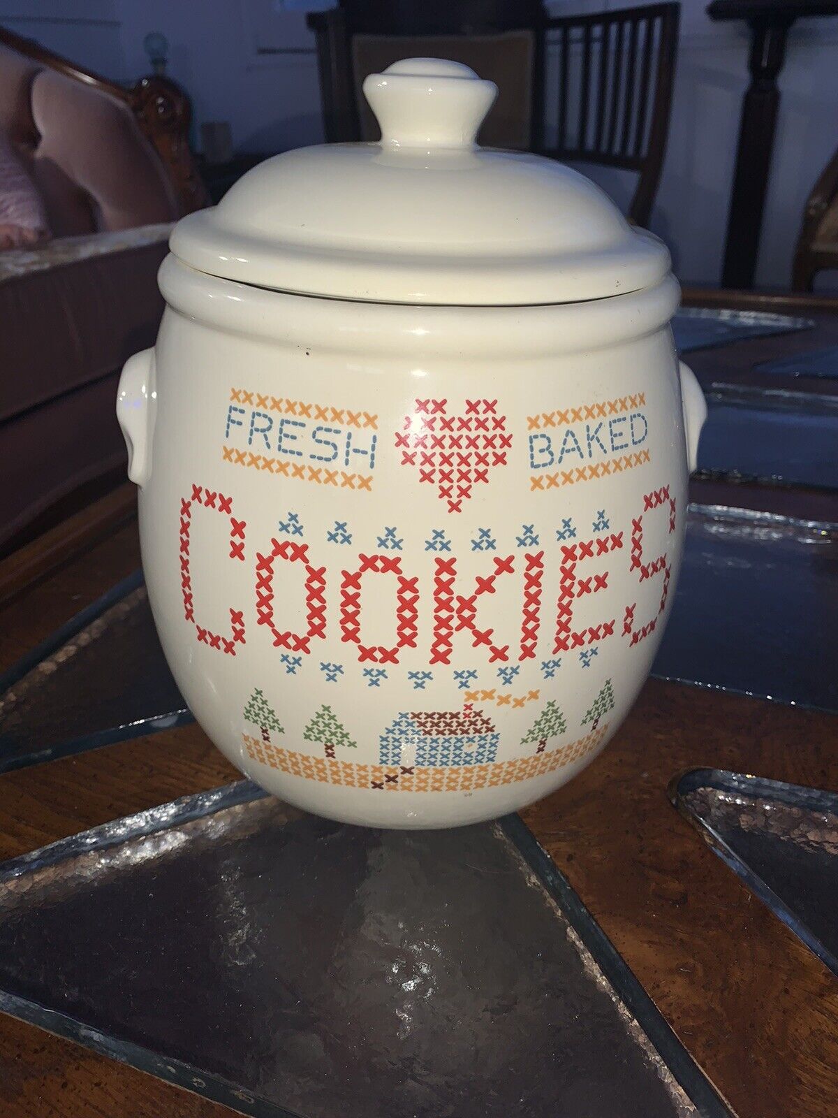 Treasure Craft Fresh Baked Cookies Cross Stitch Vintage 1984 Ceramic Cookie Jar