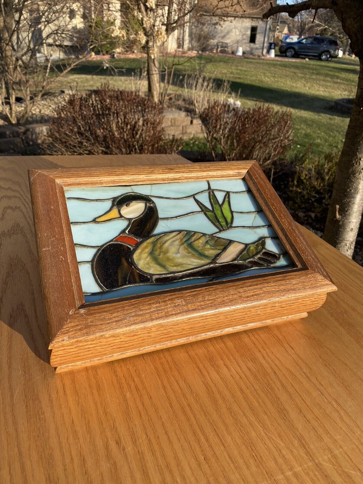 ~ GORGEOUS ~ 1970’s Wood & Stained Glass Jewelry Trinket Box  DUCK THEME Unique