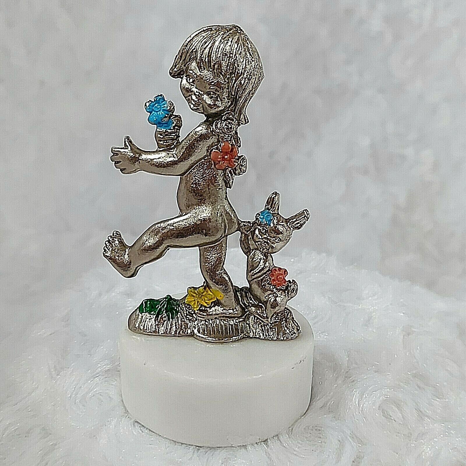 Vintage MCM Pewter Child & Rabbit Marble Base Figurine Office Paperweight