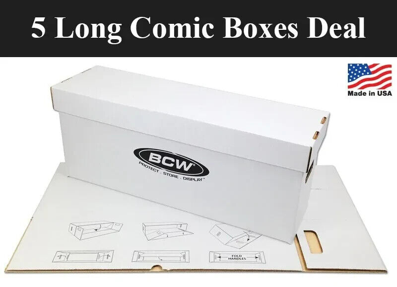 5 Long Comic Book Storage Boxes Holds 200-225 Durable Cardboard + Lid2 By BCW