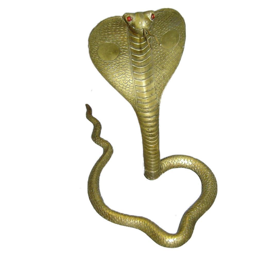 Antique Superb Large Brass Cobra Snake Sculpture Figure Red Ruby Like Stone Eyes