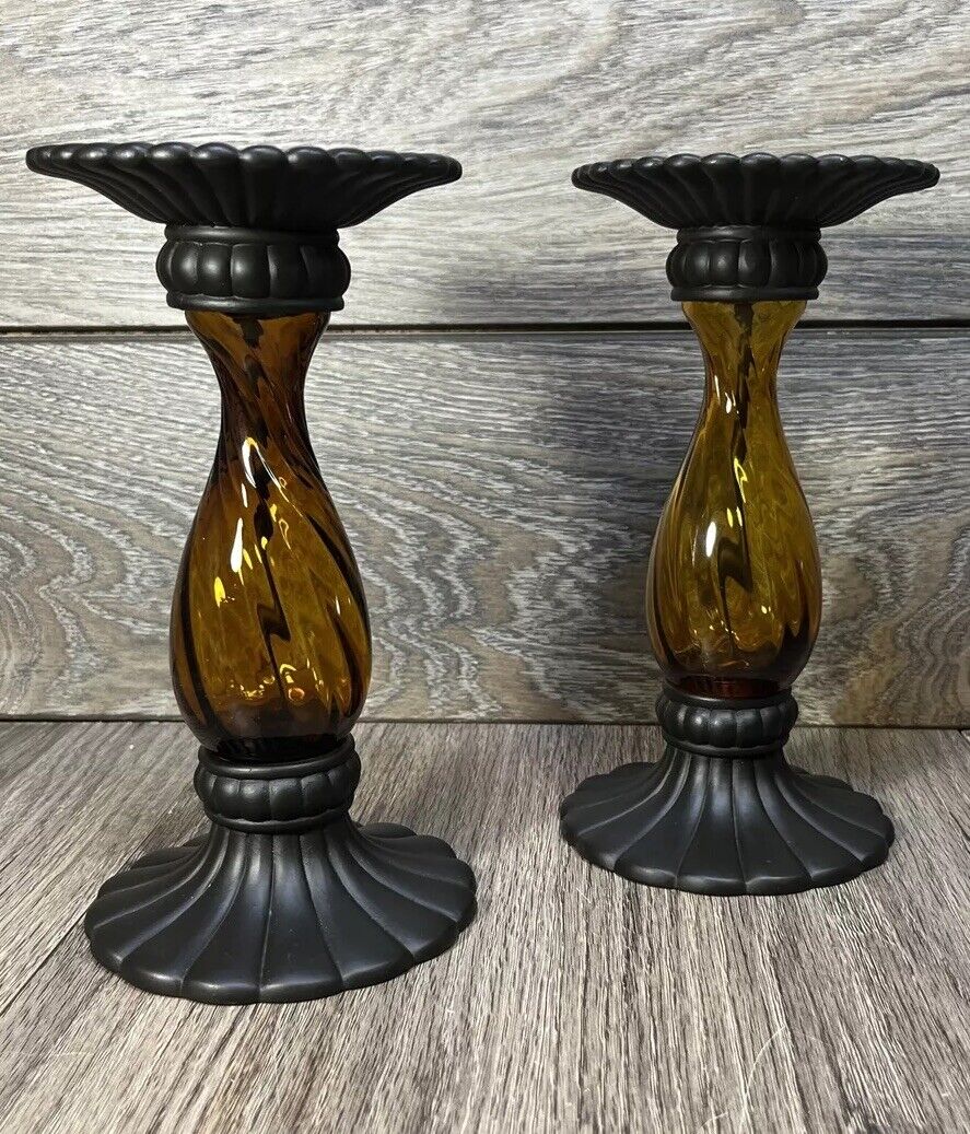 2 PARTYLITE Global Fusion 8” Tall 3” Rd Pillar/ Taper Glass Candlestick/Holders