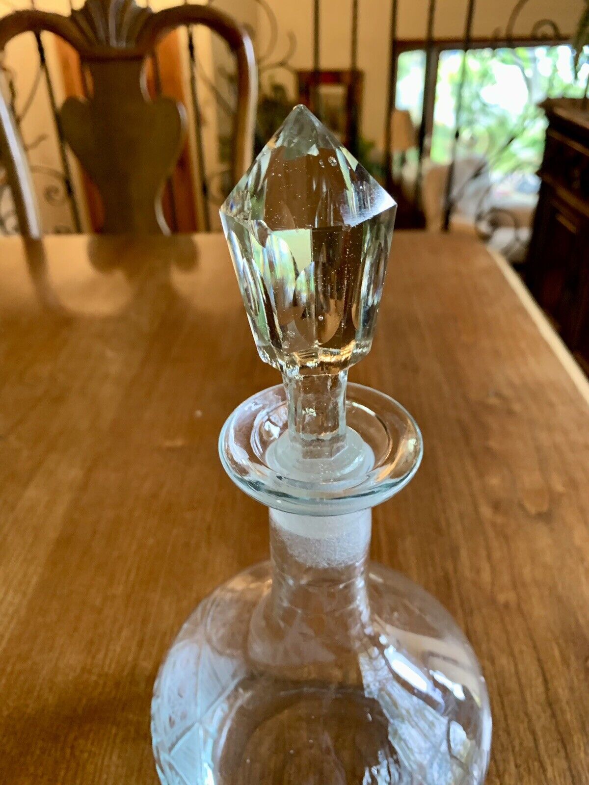 Vintage Cut Glass/Crystal  Decanter With Frosted Glass Neck And Stopper 10” Tall