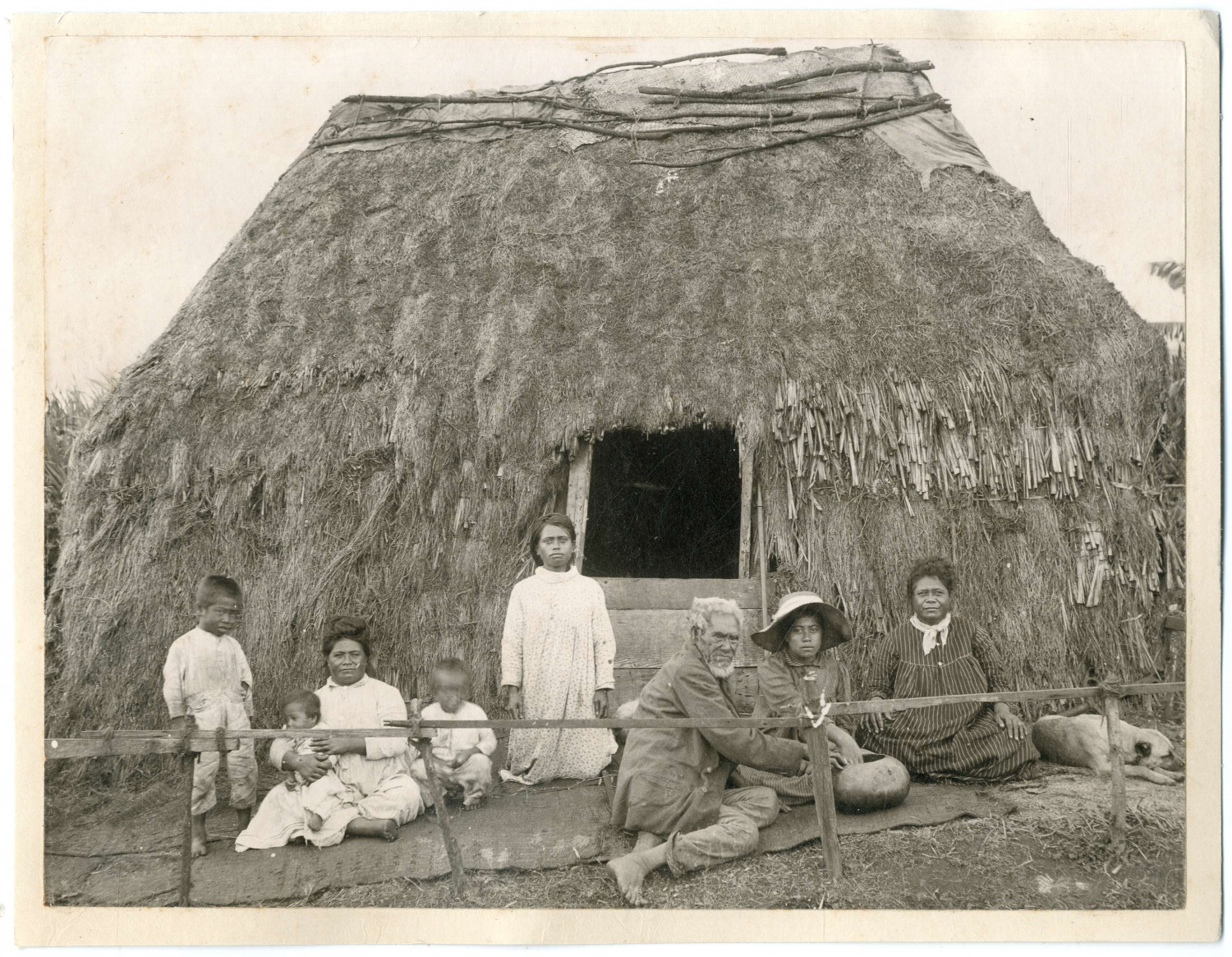 J.A. Gonsalves, USA, Hawaiian Family in Front of Thatched House, Vintage Albumen
