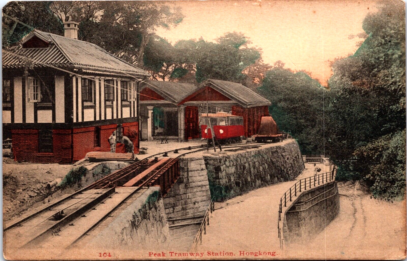 Postcard Hong Kong China View Peak Tramway Station Railway Hand Colored C2