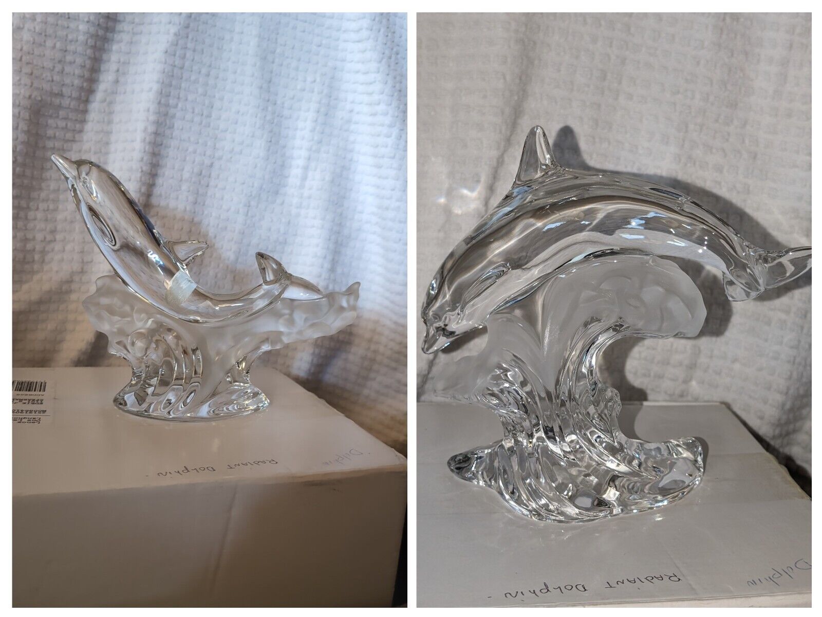 2 Lenox 1995 German Leadcrystal  Dolphins Jumping from Frosted Waves