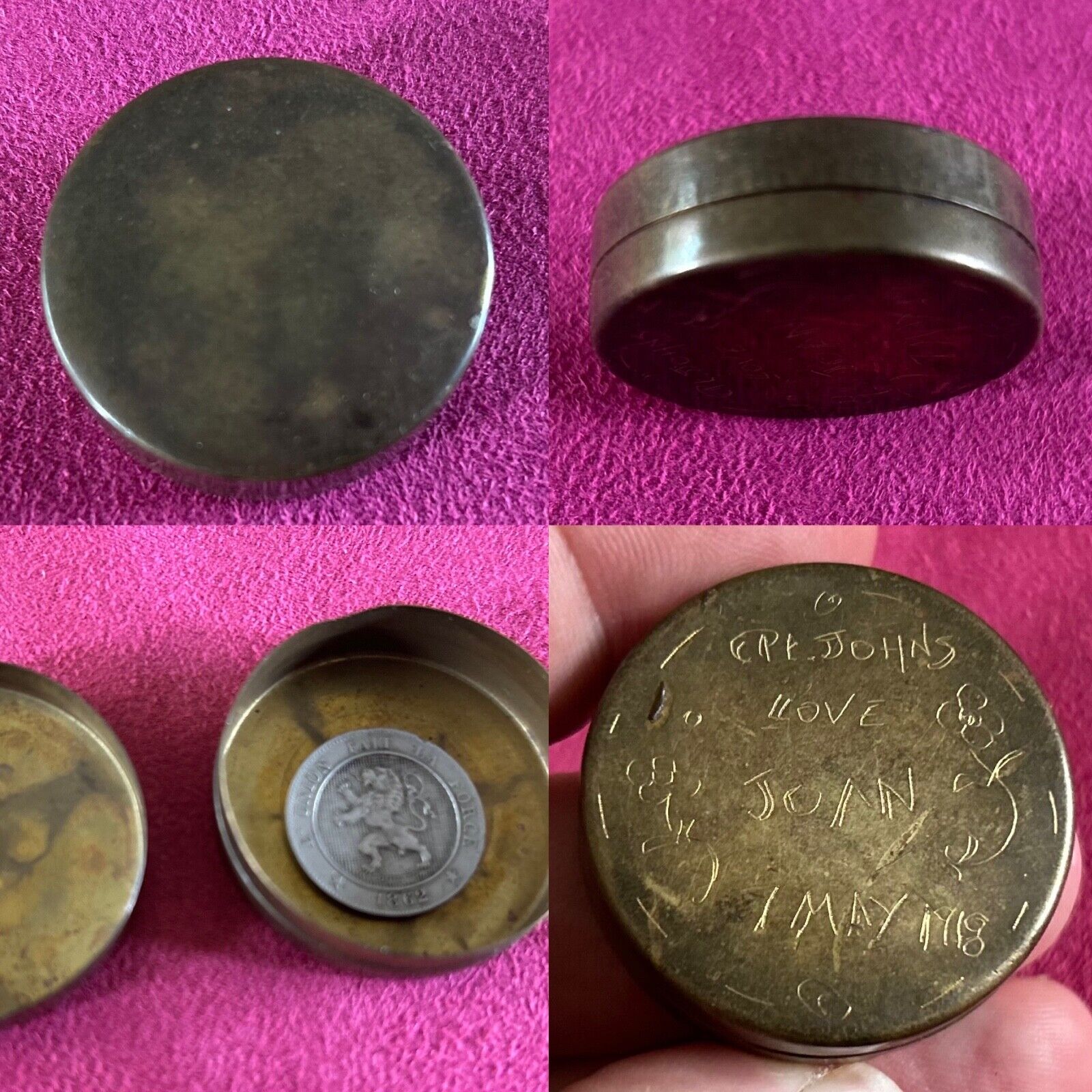 Antique 1800s brass pill tin WW1 interest silver 1862 coin, engraved, trench art
