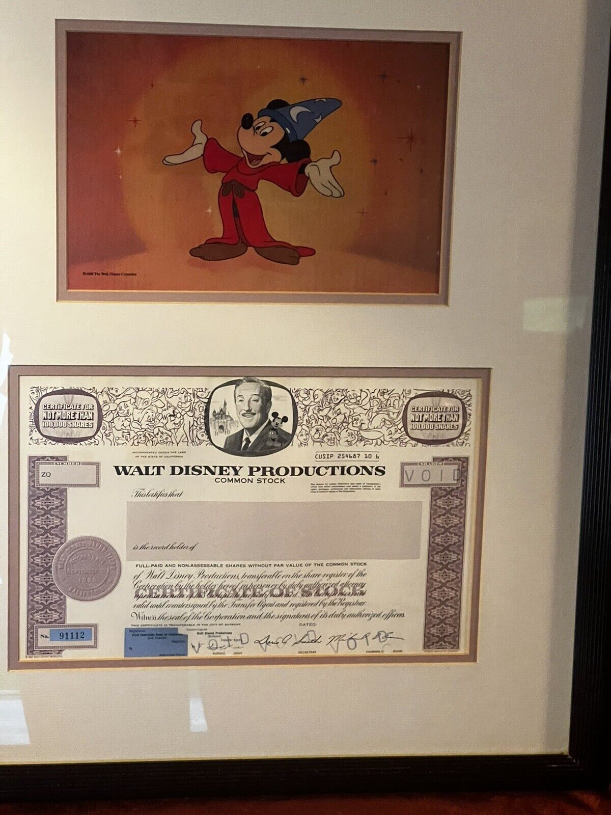 Fantasia Serigraph 1988 & Disney Prod Stock Certificate 1967  Framed