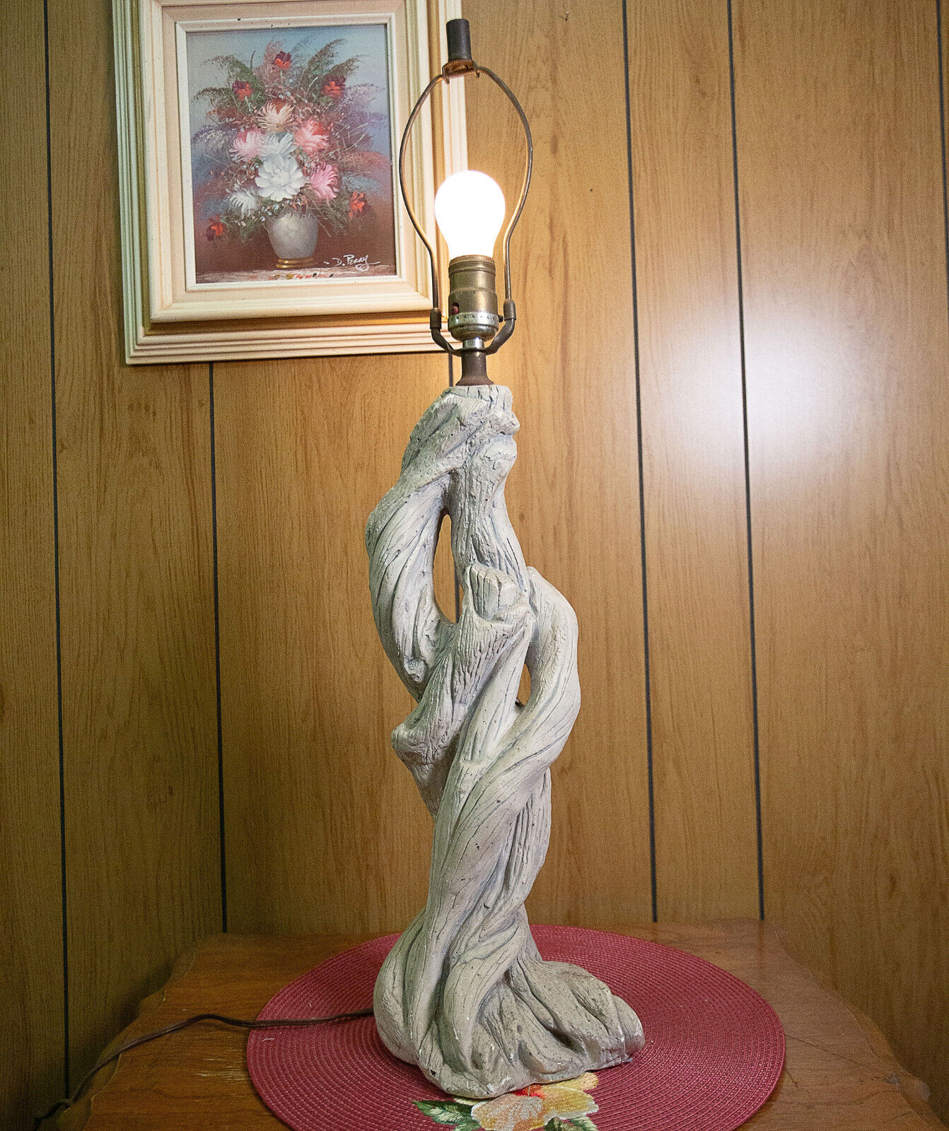Vtg Chalkware Driftwood Plaster Faux Bois Table Lamp MCM 28\