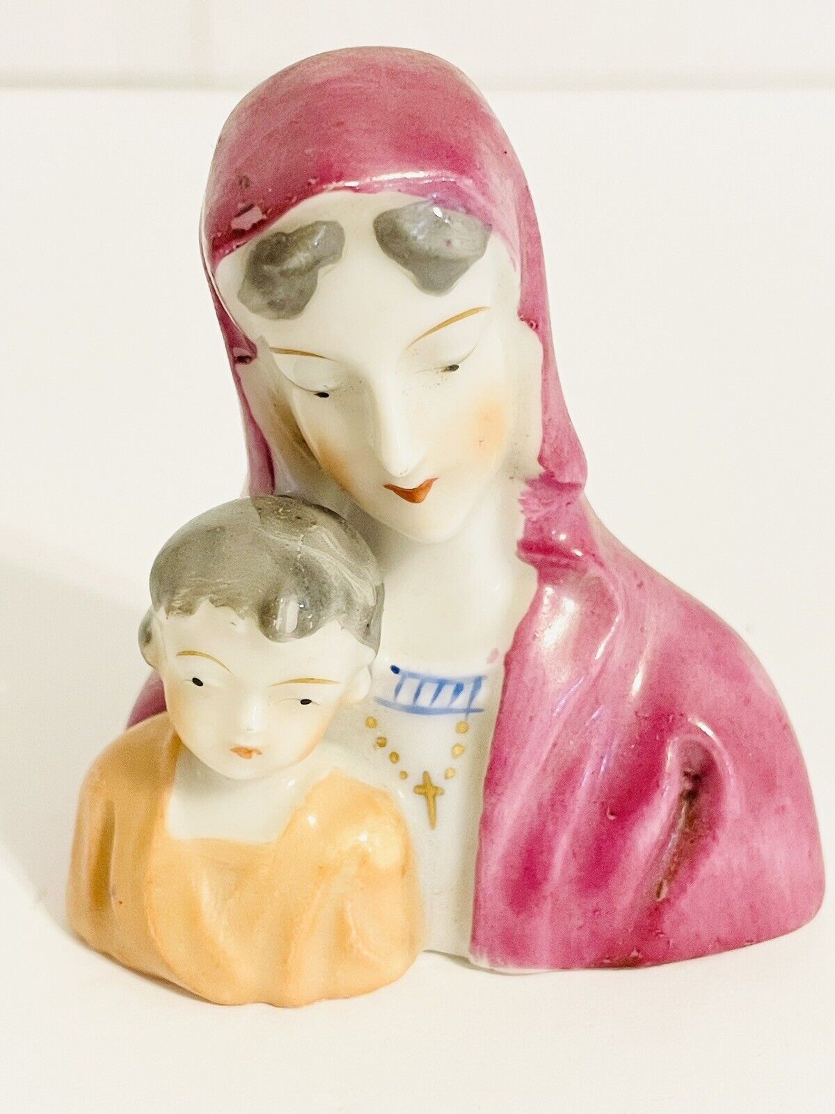Vintage L&M Fern Imports Japan Porcelain Pink Mary Catholic Religious Figure 6\