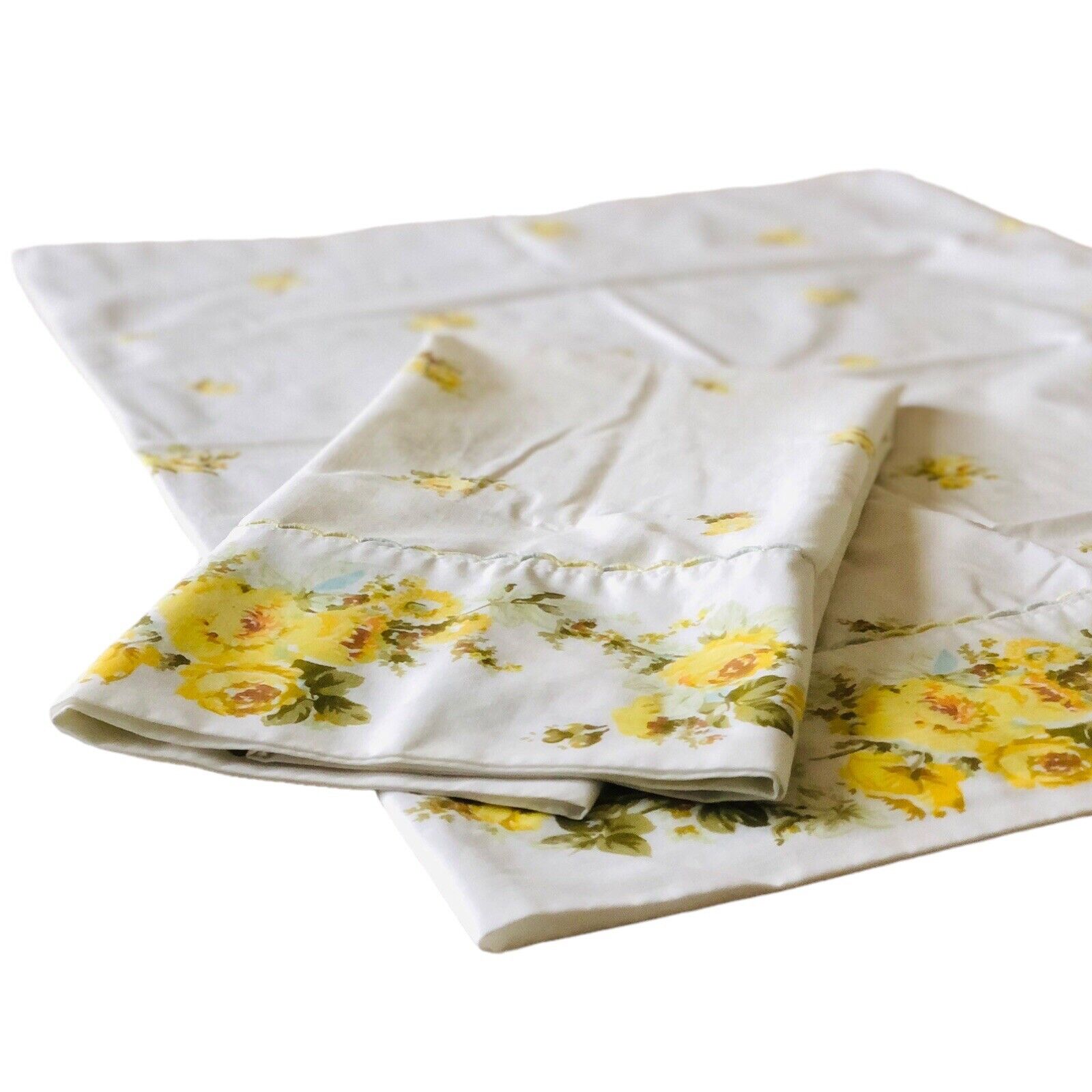 2 VTG Sears Perma-Prest Percale Queen Pillowcases Yellow Rose Floral Scallop Set