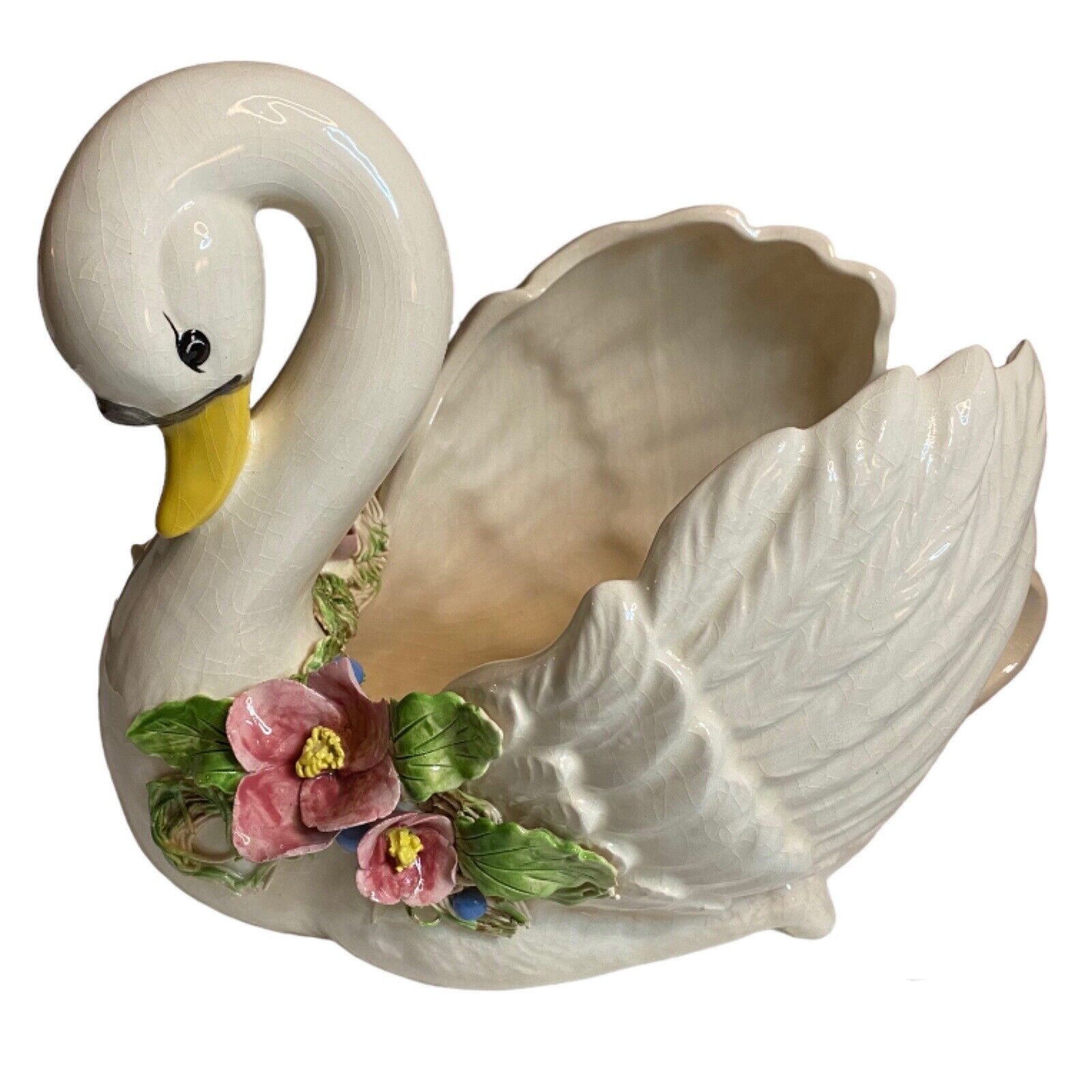 Laraine Eggleston Decorative Ceramic Swan Flowers Garden Vintage Signed