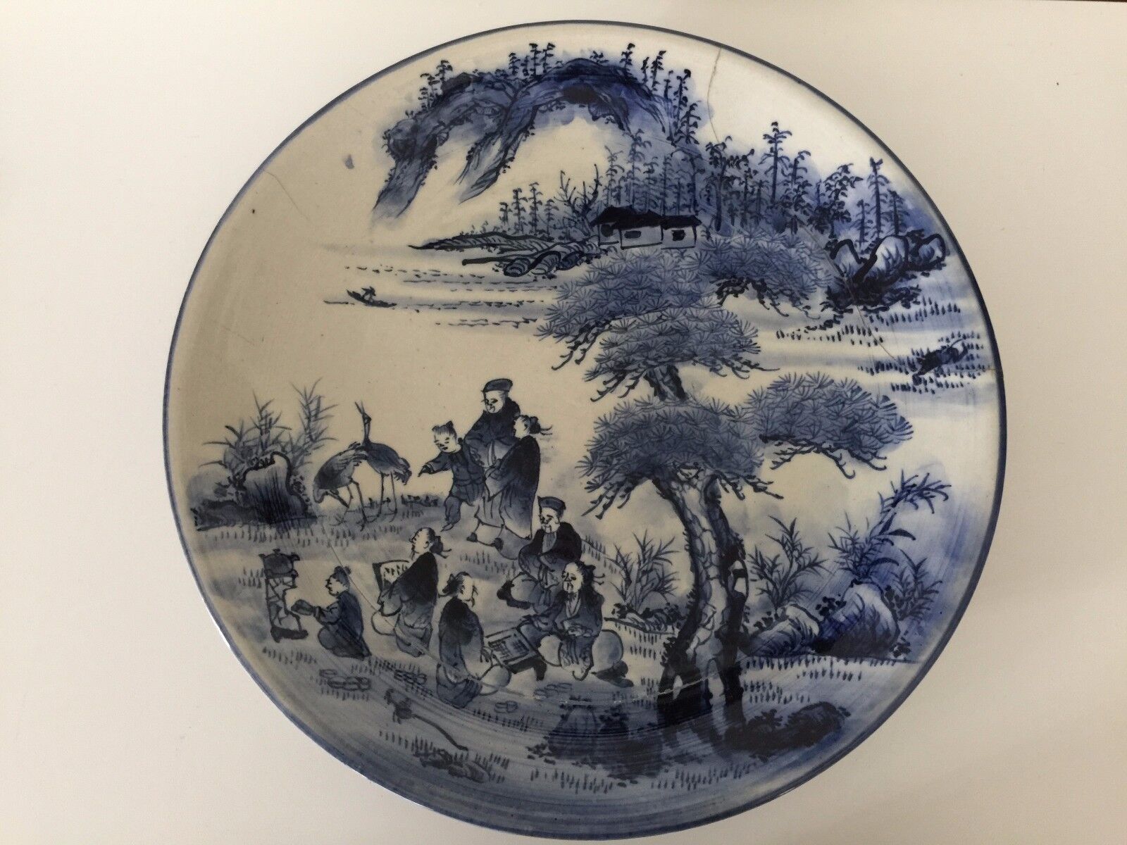 Old Huge Chinese Blue & White Hand Painted Porcelain Charger, 18\