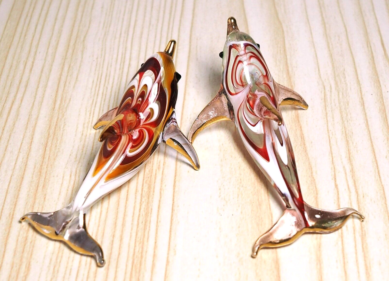 2 pcs. Dolphin figurine maroon hand blown glass art gold trim 2.75 in decor Gift