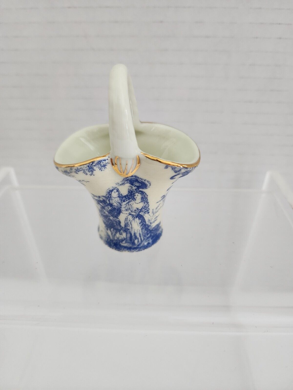 Antique Fine Porcelain Miniature Basket Vase Blue Courting Couple Gold Trim