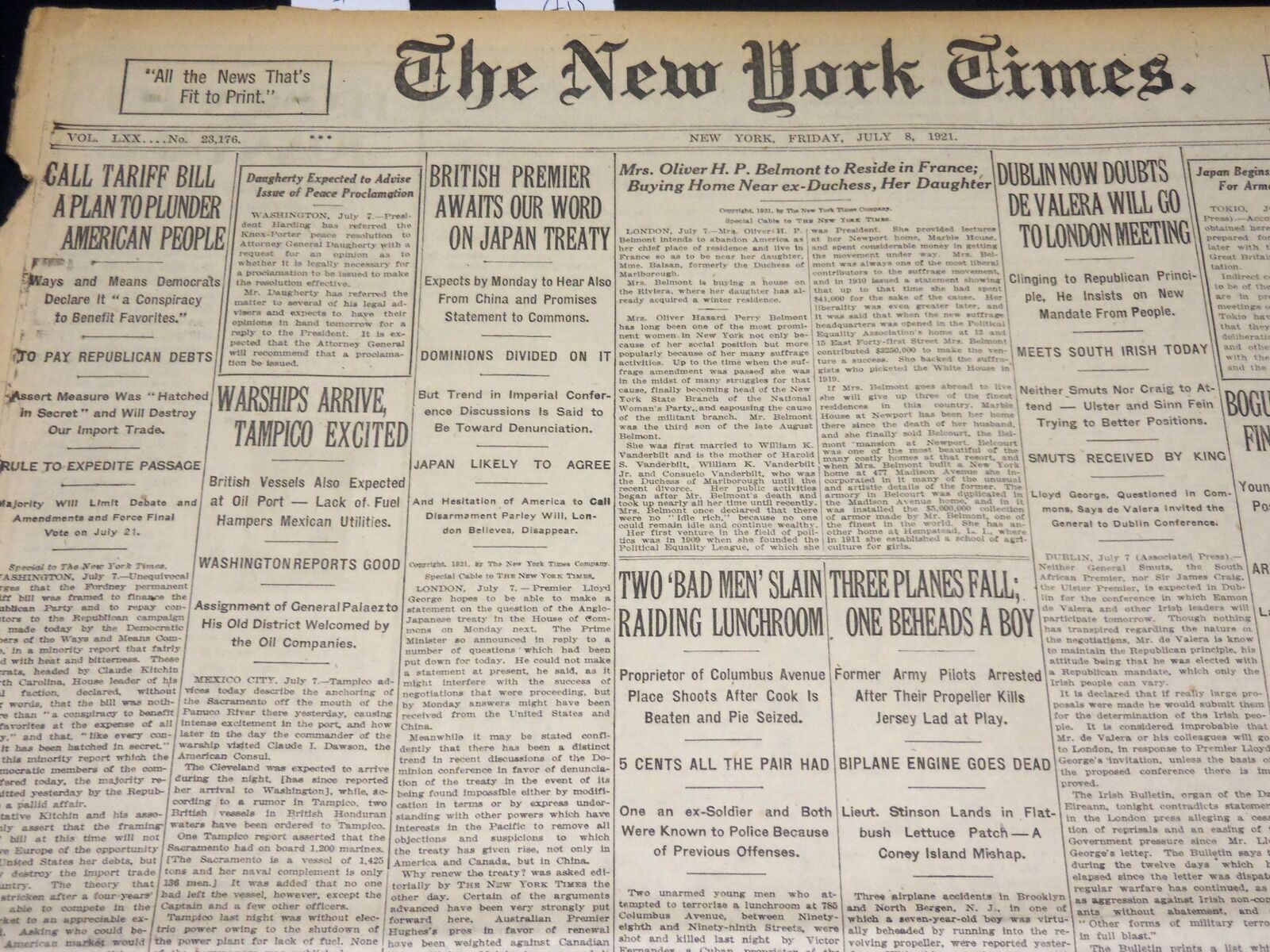 1921 JULY 8 NEW YORK TIMES NEWSPAPER- WARSHIPS ARRIVE, TAMPICO EXCILED - NT 8697