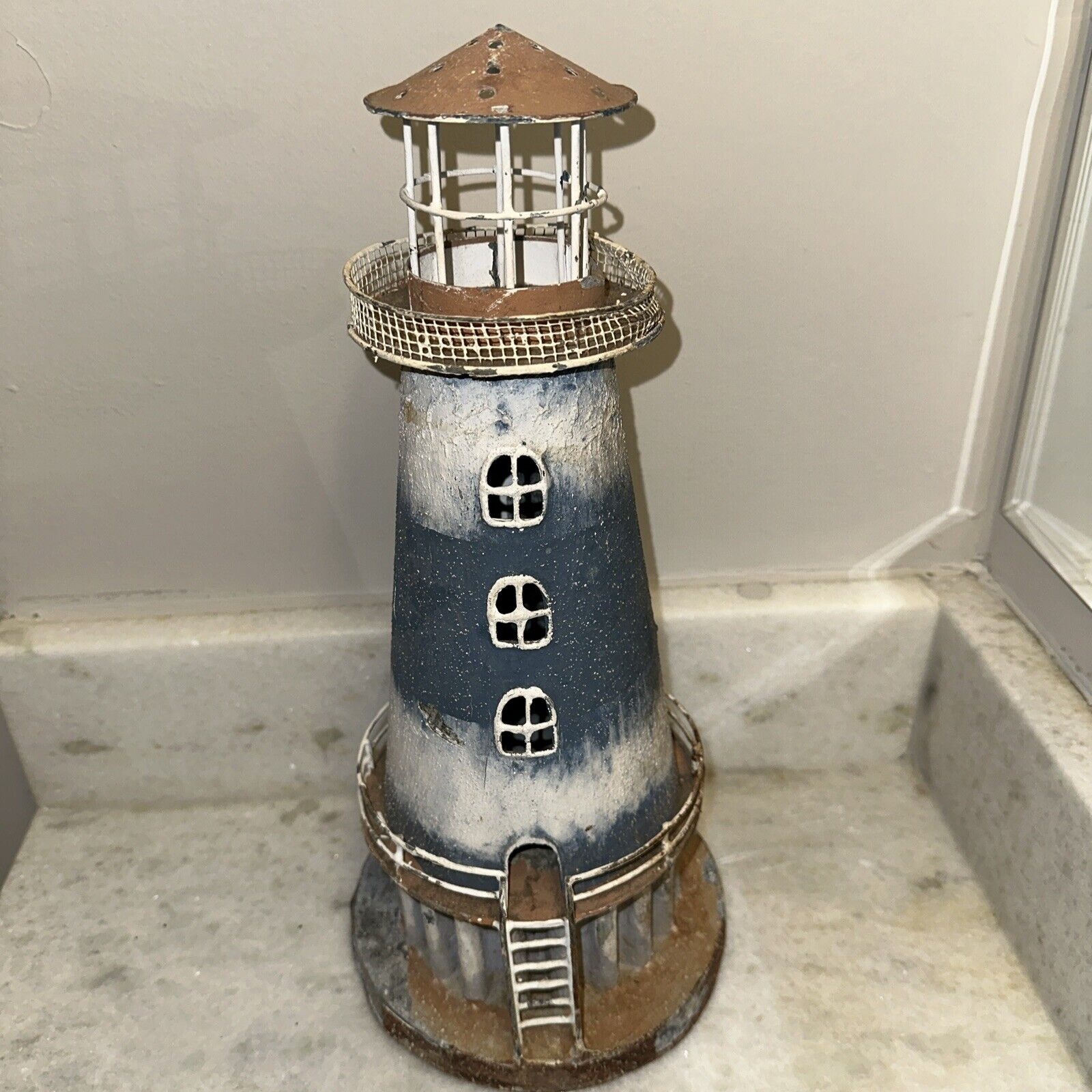 Vintage rustic metal tin handpainted lighthouse Sold As Is
