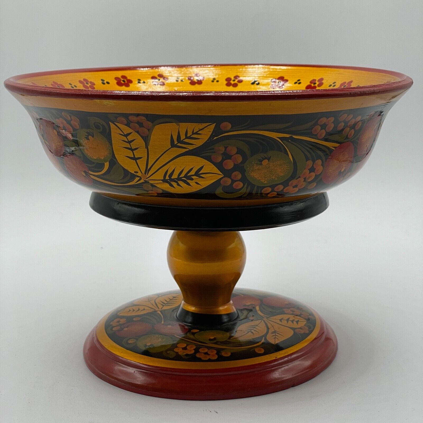 Khokhloma Russian Traditional Hand-Painted Fruit Motif Wood Pedestal Bowl