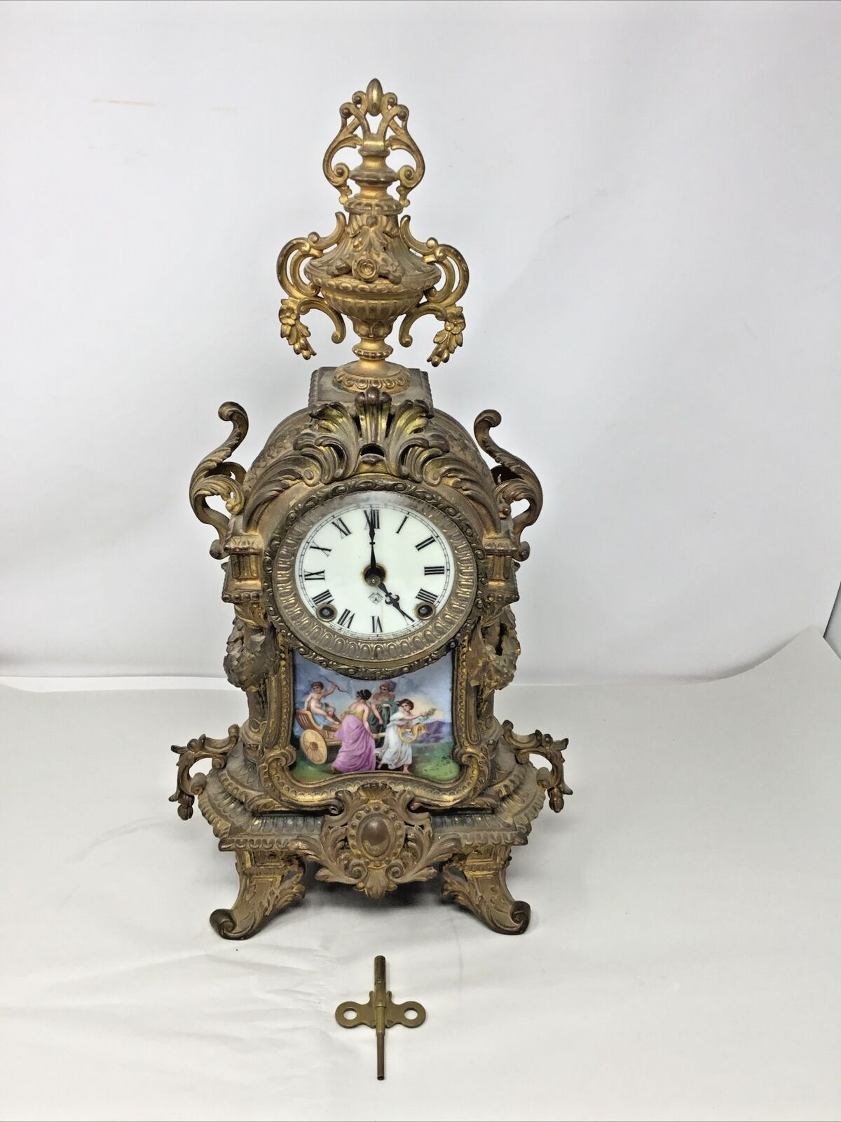 Ansonia Brass Antique French Pendulum Clock W/Key Porcelain Plaque