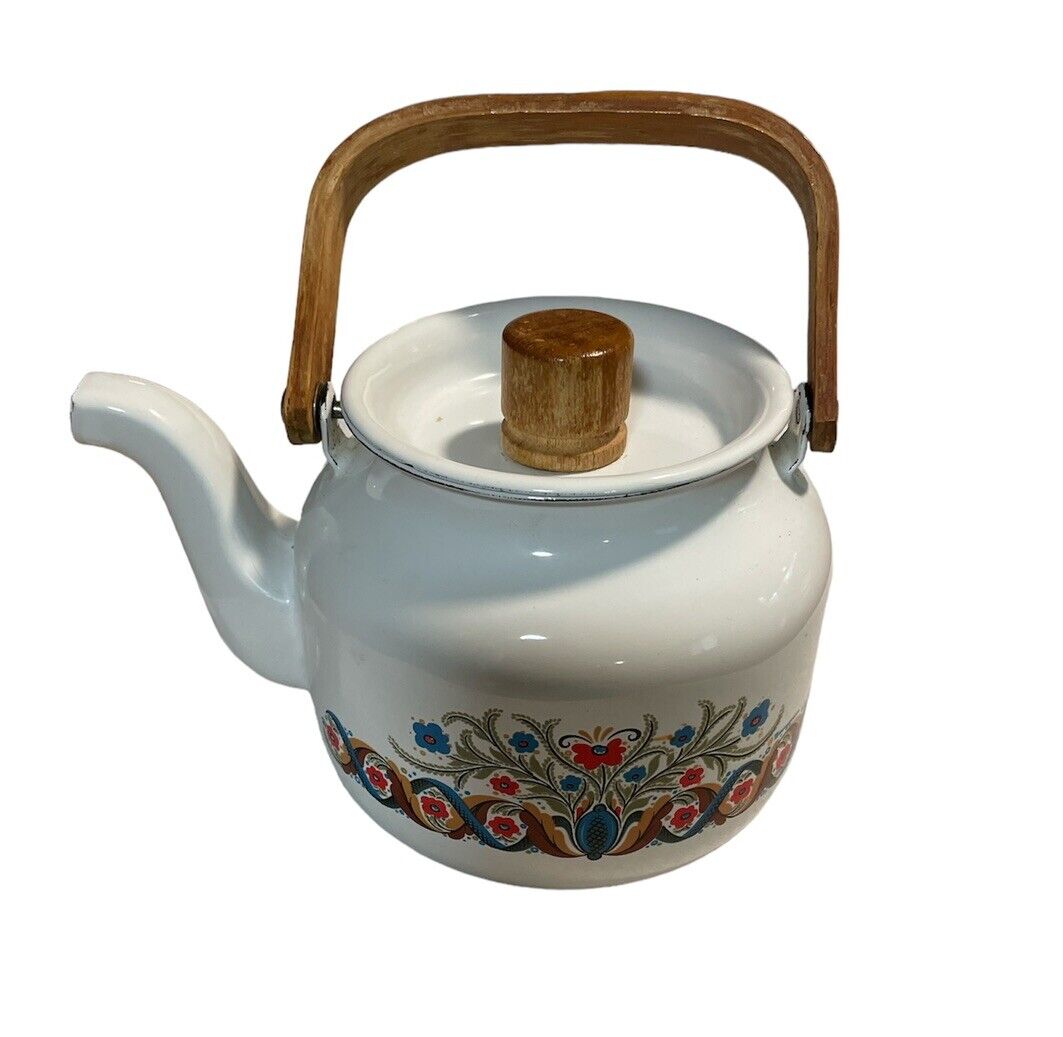Vintage Folk  Swedish Berggren Tea Kettle enamelware 