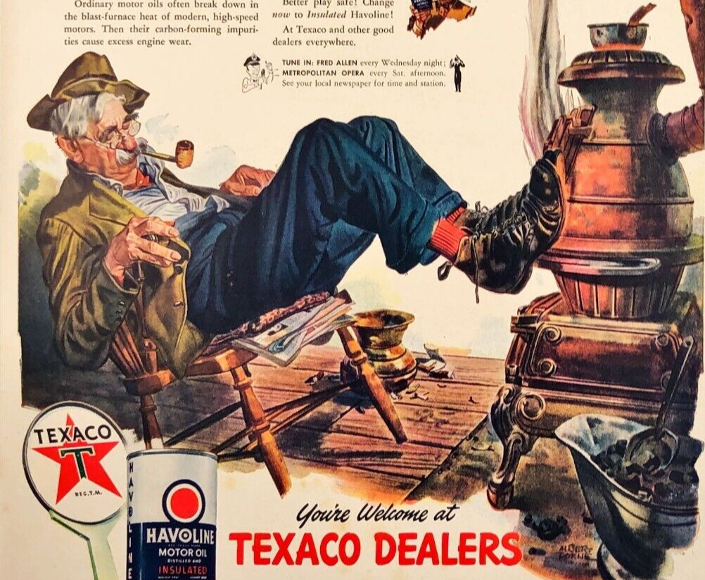 1942 Texaco Havoline Oil Keep Your Car From Smoking Man Pipe Vintage Print Ad
