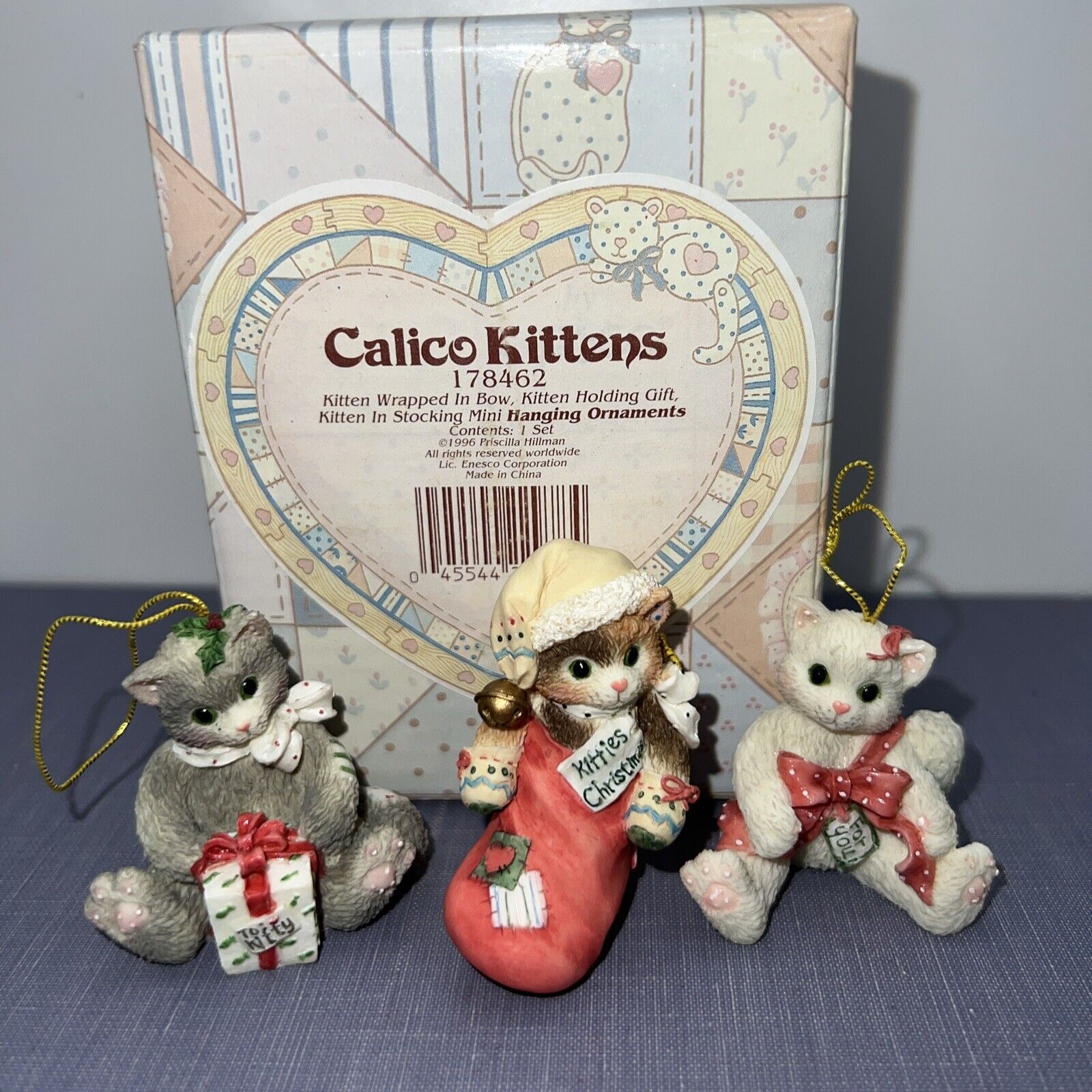 1996 Enesco 3 Calico Kittens Ornaments Kitten In Bow, Holding Gift, In Stocking