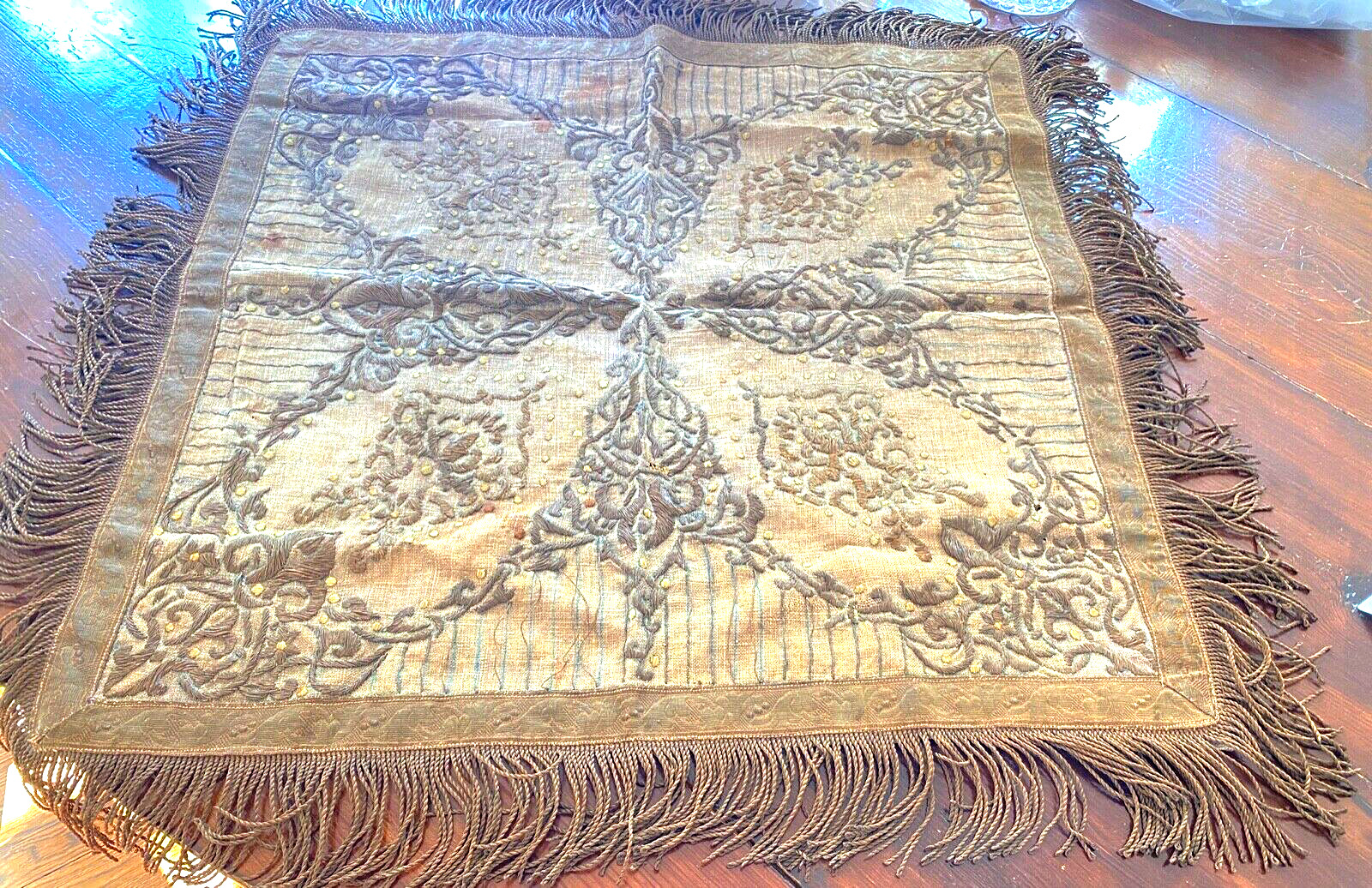 Antique Heavily Metallic Hand Embroidered Linen Table Cover Cloth  WW228