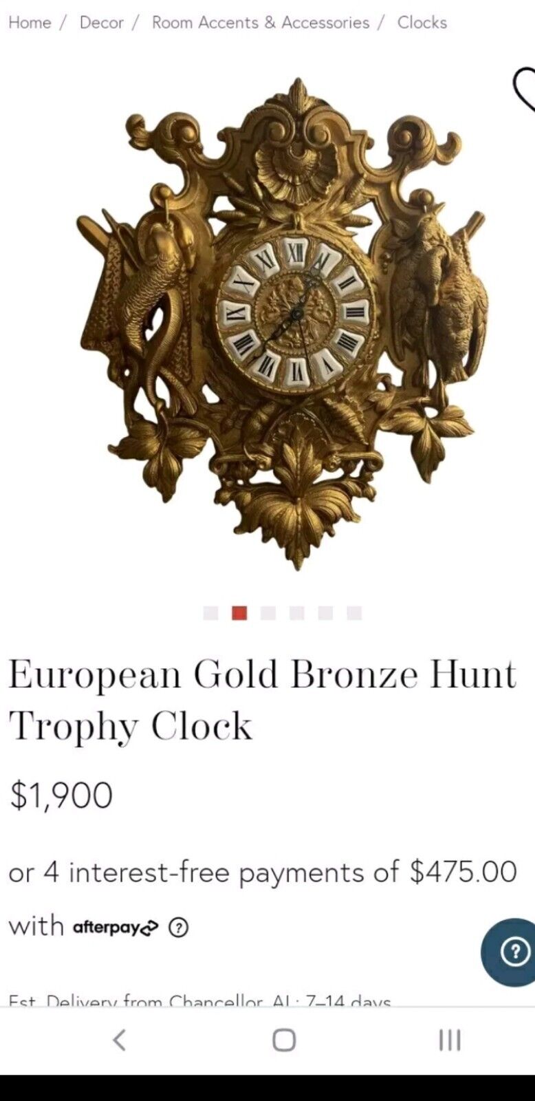 Black forest metal bronze gold gilt wall clock hunting trophy hunt bird fish 