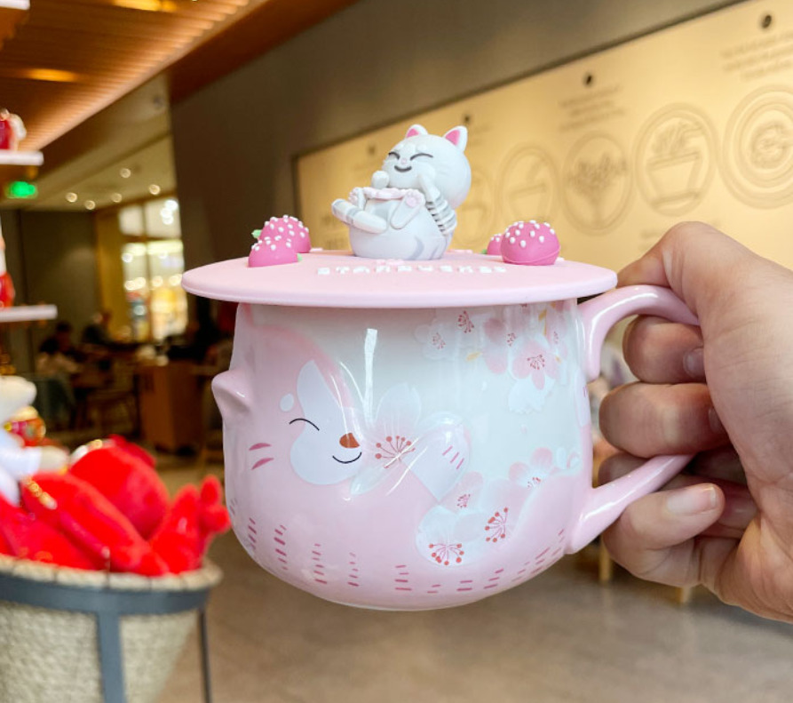 NEW Starbucks Cherry Blossom Cup Sakura Coffee Mug W/ Cat Lid Strawberry Coaster