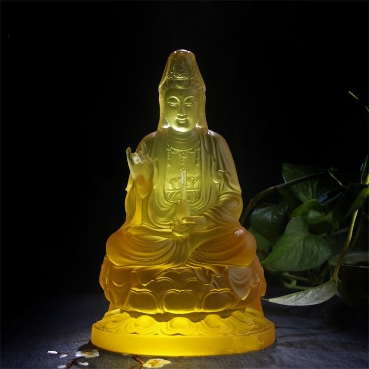 Yellow Color Art Glass Pate-De-Verre Kwanyin Buddha Holds Vase Crystal Sculpture