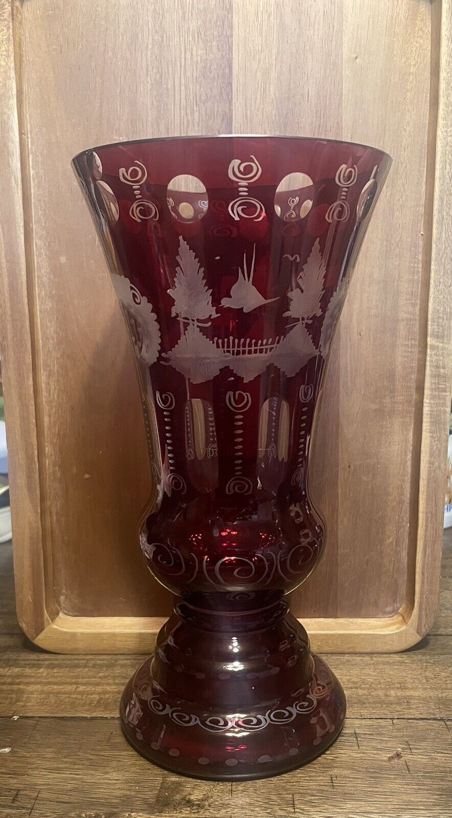 Lobmyer 1920\'s Ruby Red Cut Etched Glass Vase Large Heavy 11-3/4\