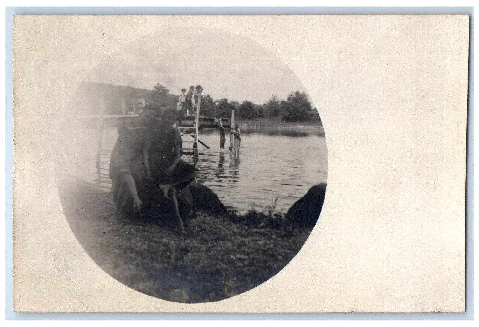 c1905 Girls Sat On Big Rock Swimming Lake Unposted Antique RPPC Photo Postcard