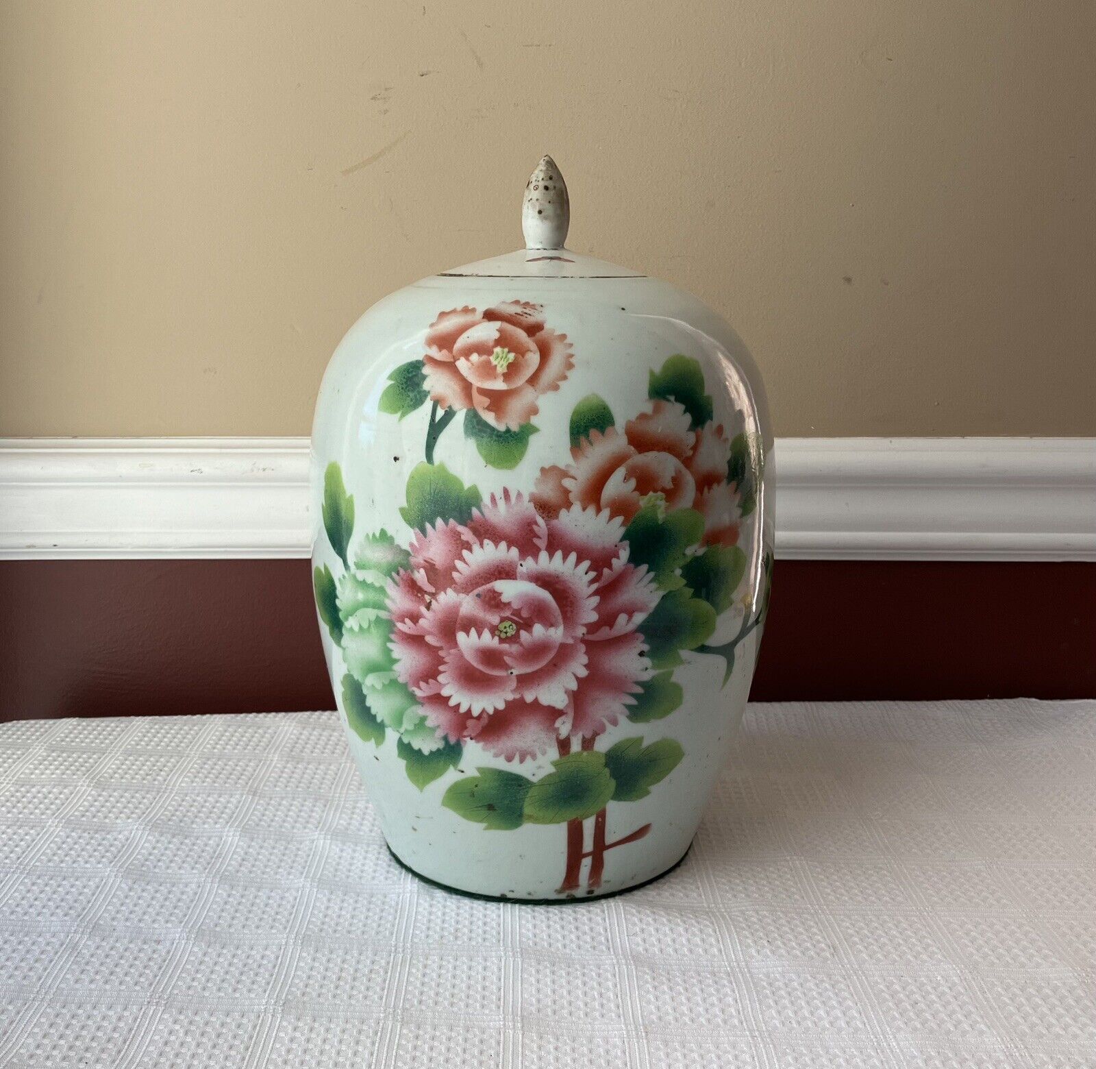 Large Antique Chinese Porcelain Inscribed Floral Covered Jar, 12.25” T x 7.5” W