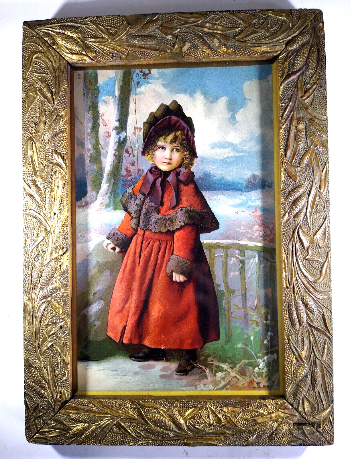 Beautiful Antique Framed Art --  Victorian Girl In Winter -- Great Frame, Glass
