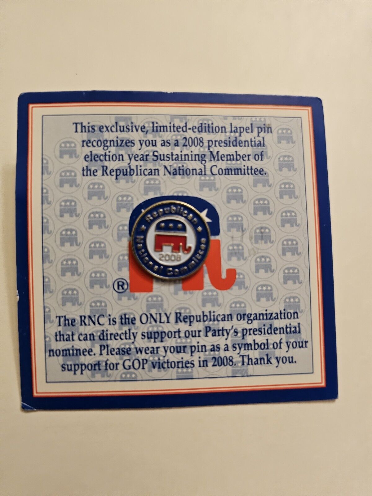 NOS Limited Edition 2008 RNC GOP Lapel PIN PinBack Republican National Committee