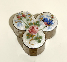 Vintage Antique Guilloche Hand painted Bird Clover Shape Pill Box 3 Parts Brass picture
